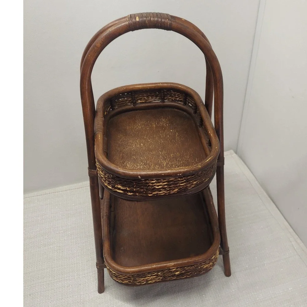 Vintage Dark Brown Bamboo Wicker Rattan 2-Tier Serving Stand MCM Boho